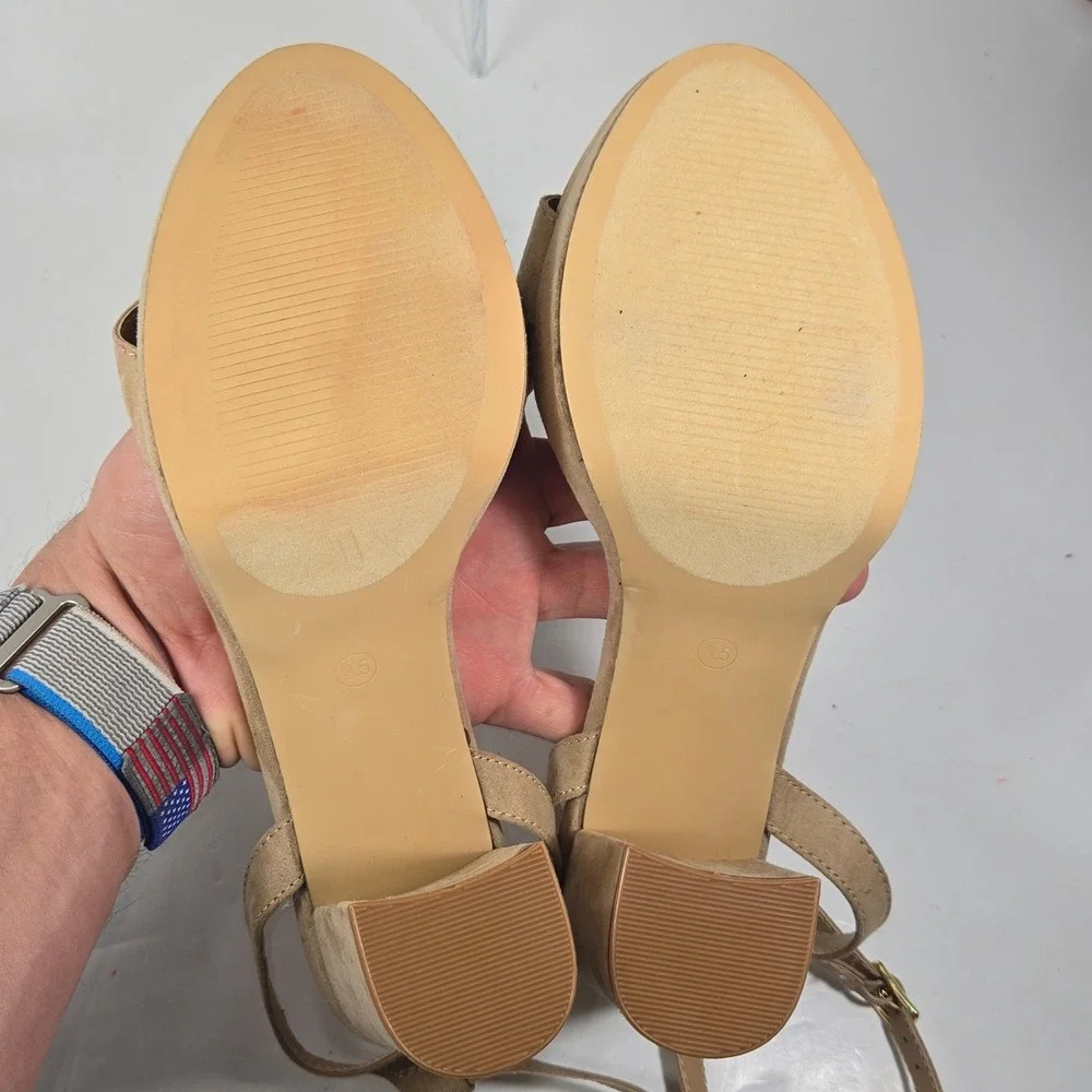 Loft Platform Block Heel Sandals Womens 8.5 Tan Excellent Suede-Like Ankle Strap